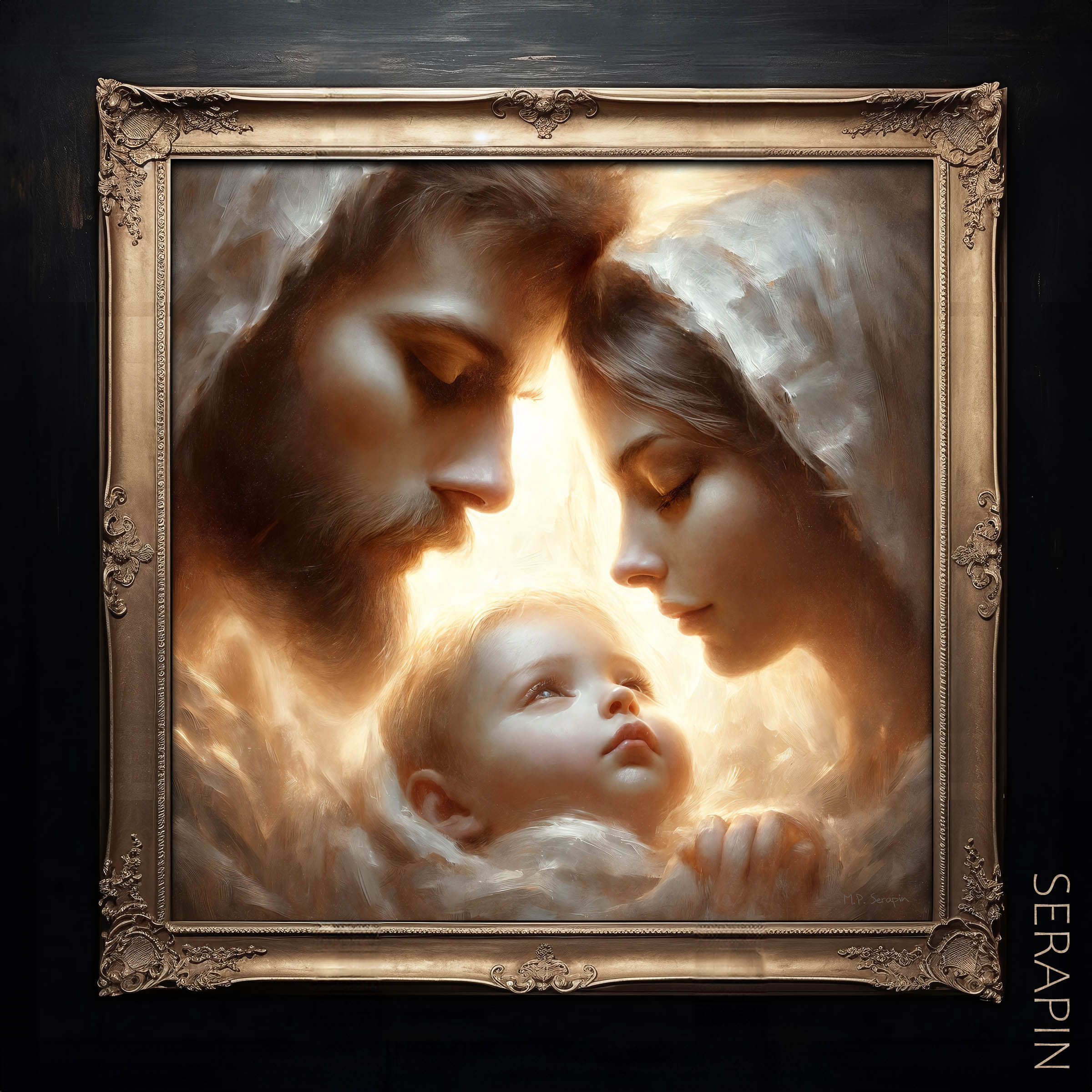 Holy Family - Tender Embrace — original Catholic art by M.P. Serapin