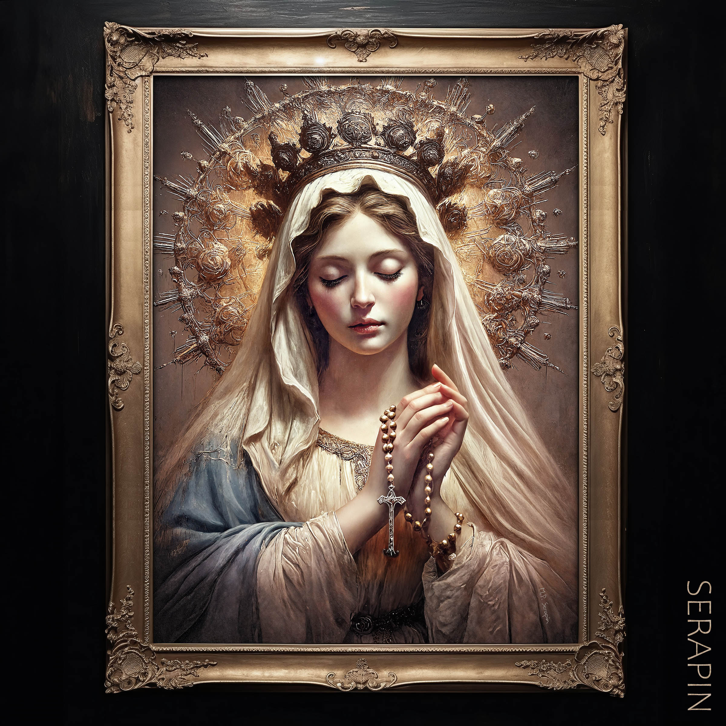 Our Lady of the Holy Rosary — original Catholic art by M.P. Serapin